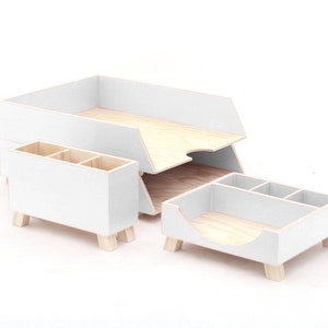 White Wood Desk Organizer Set Pen Holder, Paper Sorter, Toolbox Office & Student Desktop Handmade Gift image 3