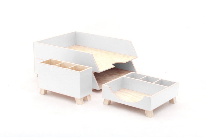 White Wood Desk Organizer Set Pen Holder, Paper Sorter, Toolbox Office & Student Desktop Handmade Gift image 3