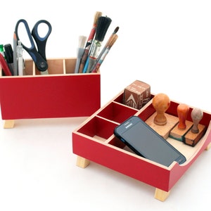 Red Desk Organizer, Desk Accessories for office, Desktop Organizer, Red Wood Desk set, Desk Pen holder, Command Center, Tidy Kids desk set image 4