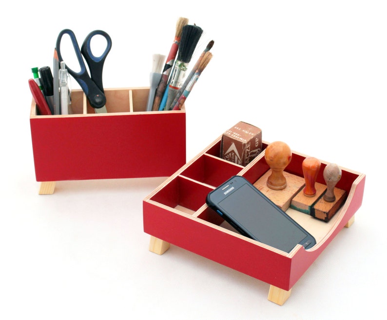 Red Desk Organizer, Desk Accessories for office, Desktop Organizer, Red Wood Desk set, Desk Pen holder, Command Center, Tidy Kids desk set image 4