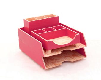 Red Wooden Desk Organizer Set (4 Pieces) | 2 Paper Trays, Pen Holder, Accessory Tray | Desktop Office Accessories