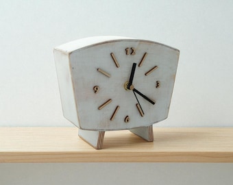 Handmade White Wooden Desk Clock, FUMA Wood, 60s Vintage Style