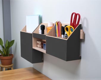 Black Wood Wall Organizer, Office Command Center, Pen Holder, Modern Wall Storage