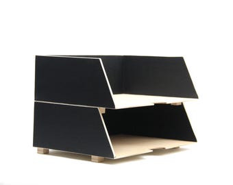 Handmade Black 2 Tier Wood Document Tray, Stackable Desk Organizer - A4 Paper, Office Paper Sorter, Large height 6.5" Desktop Organizer Gift