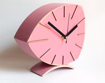 Pink Desk Clock | Silent Wood Tabletop Clock | No-Ticking Modern Mantel Decor | Unique Valentines gift | Day Gift for Her | Stylish Office
