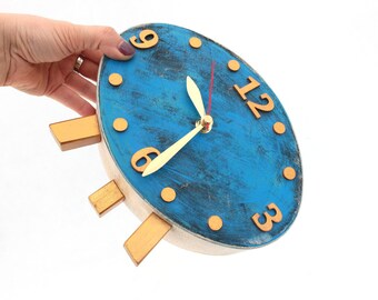 Wood Table Clock, Desk Ellipse Distressed Gold Blue clock, Oval Mantel decor, Blue decor, Sky Blue finish, Wedding / Xmas gift, Cyber sale