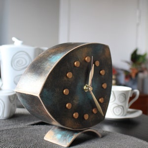 Desk Clock Gold Turquoise Brown colors, Unique Wood Tabletop clock with Shaded Gold Patina, Mothers day gift, image 5