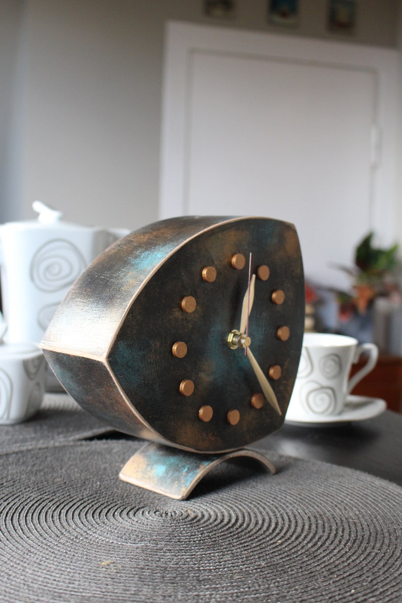 Desk Clock Gold Turquoise Brown colors, Unique Wood Tabletop clock with Shaded Gold Patina, Mothers day gift, zdjęcie 5