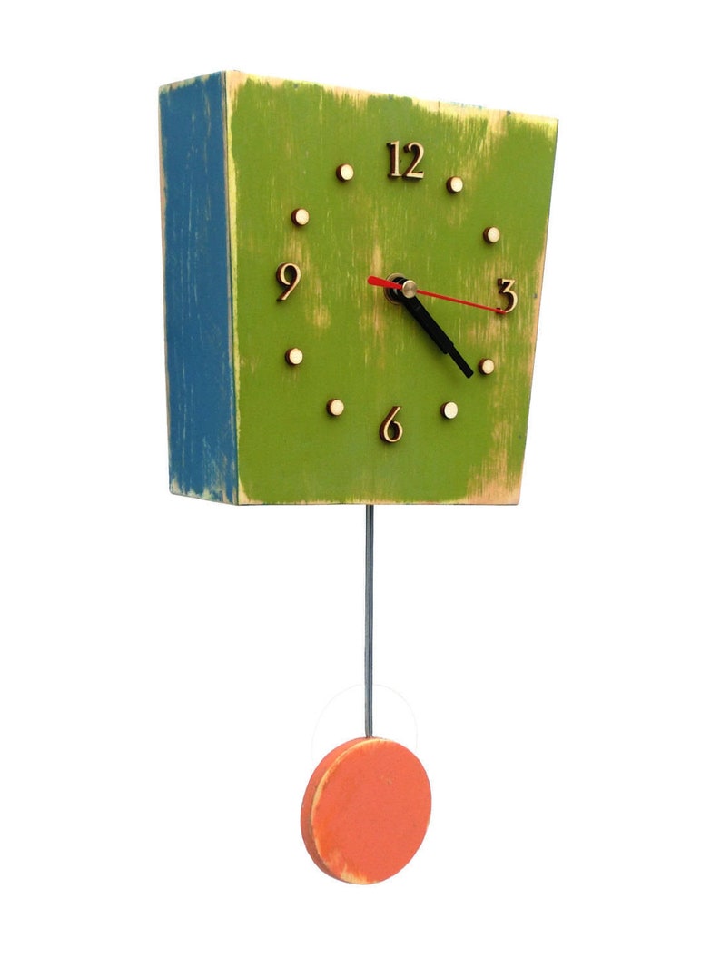 Wall Clock Pendulum Multicolor, Wall hanging clock Green Orange Blue, Unique gift, Distressed wall clock, Back to school image 1