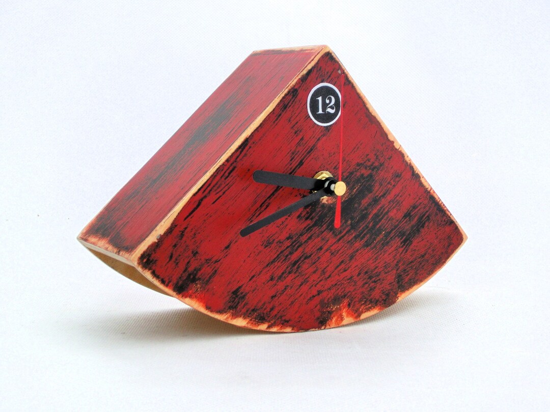 Red Table Clock, Wood Desk Distressed Mantle Clock, Black Red Clock ...