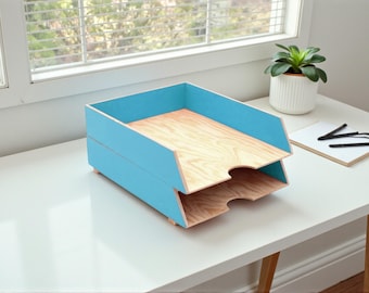 Turquoise Wood Paper Tray, A4 Stackable 2-Tier Desk Organizer for Home Office