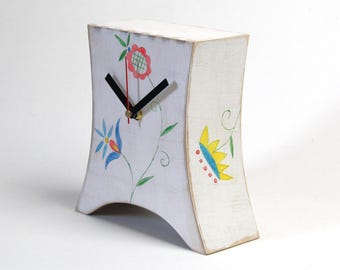 NO TICKING Desk White Wood Clock, Mantle clock Folk art, Table Wood clock, Wood art Floral decor, Hand paint flower ornament, Xmas gift