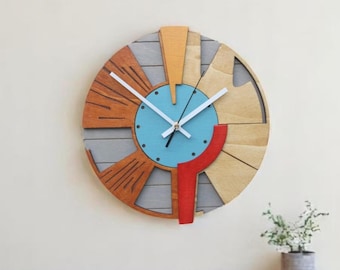 Wall Clock Wooden, Modern colorful Wall Hanging Clock Unique, Handmde Layered Clock 19 inch, Geometric Wall Wood Decor Gift