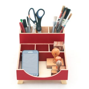 Red Desk Organizer, Desk Accessories for office, Desktop Organizer, Red Wood Desk set, Desk Pen holder, Command Center, Tidy Kids desk set image 1