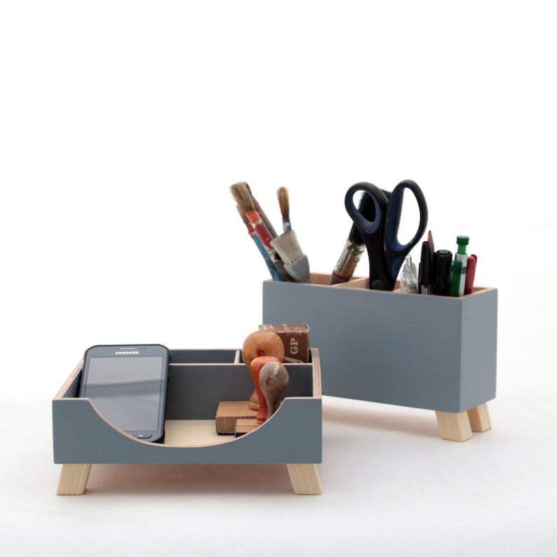 Grey Desk Organizer Office desk Wood set Gray Desk organiser Etsy