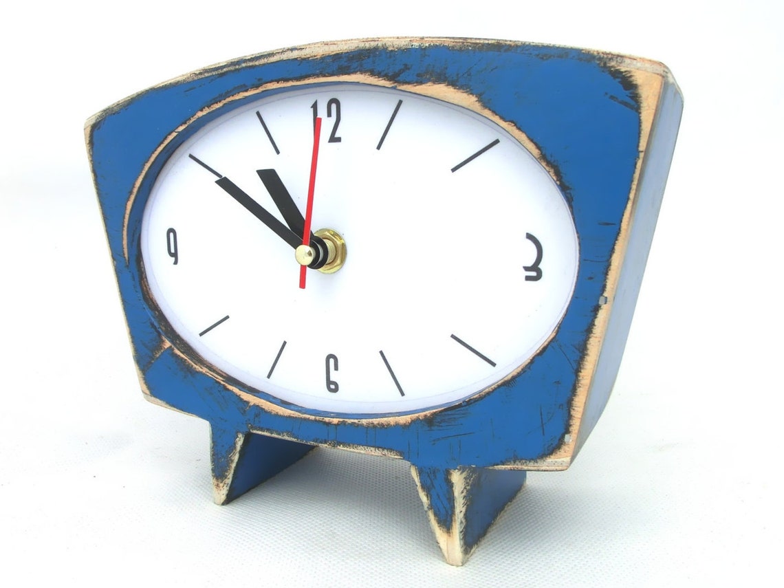 Desk Clock Intense Blue Wood Table Clock Vintage Alarm Clock Etsy