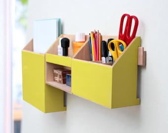 Yellow Wooden Wall Organizer, Hanging Mail & Pen Holder for Desk or Entryway, Handmade Office Organizer