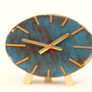 Turquoise Gold Table Wood Clock, NO TICKING Ellipse Brown Gold decor in Vintage style, Desk Unique gift, Winter trends handmade image 3