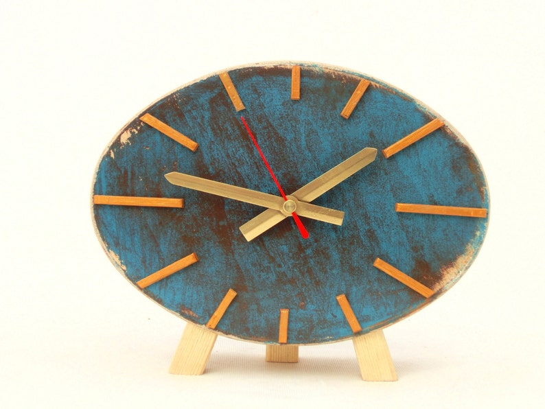 Turquoise Gold Table Wood Clock, NO TICKING Ellipse Brown Gold decor in Vintage style, Desk Unique gift, Winter trends handmade image 3