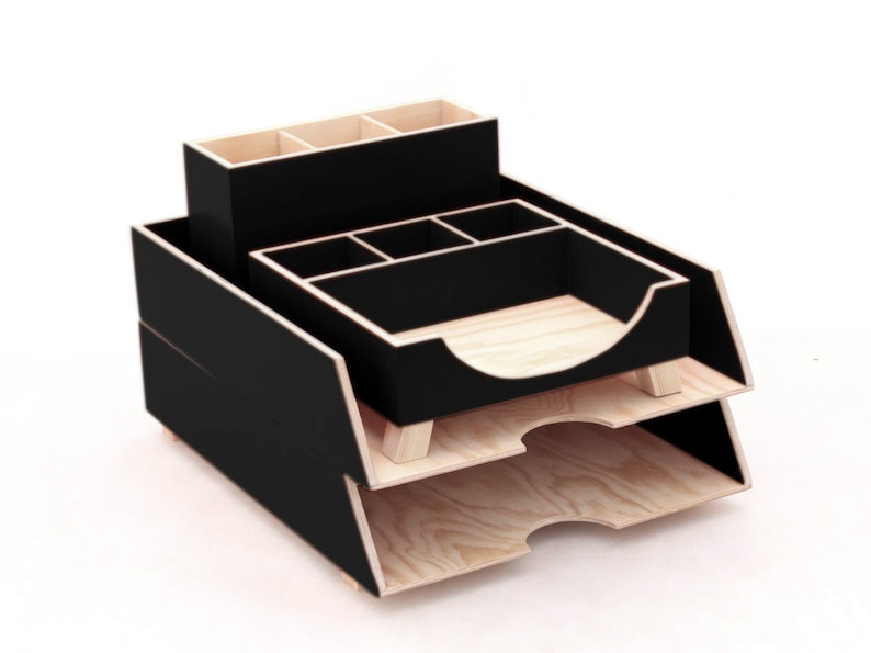 Black Wood Desk Organizer Accessories Office Pen Holder Paper Sorter Tray Hand Crafted And Painted Set