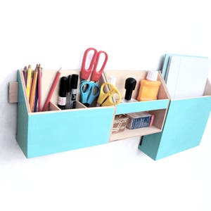 Turquoise Wood wall organizer, Desk accessories, Wall Mail Holder Home Office Set, Teal light smooth color Desktop Organizer, Paper sorter image 2