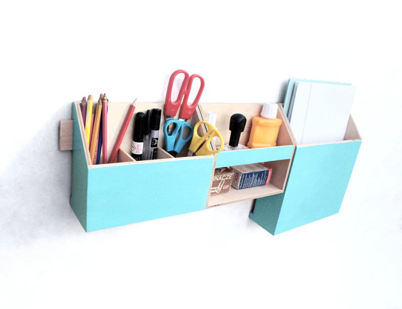 Turquoise Wood wall organizer, Desk accessories, Wall Mail Holder Home Office Set, Teal light smooth color Desktop Organizer, Paper sorter image 2