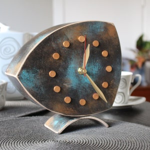 Desk Clock Gold Turquoise Brown colors, Unique Wood Tabletop clock with Shaded Gold Patina, Mothers day gift, image 7