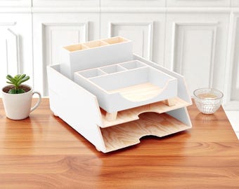 White Wooden Desk Organiser Set, 4-Piece Minimalist Office Storage, Handmade Paper Tray & Boxes
