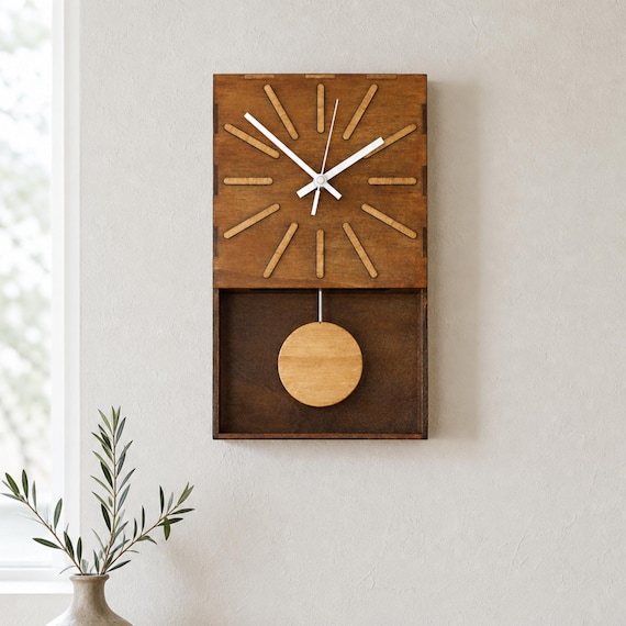 Wooden Pendulum Clock Mid Century Modern Wall Decor