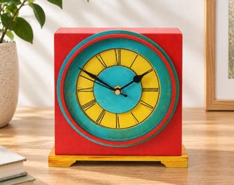 Red Wooden Mantel Clock Silent Retro Colorful Vintage Desk Shelf Decor