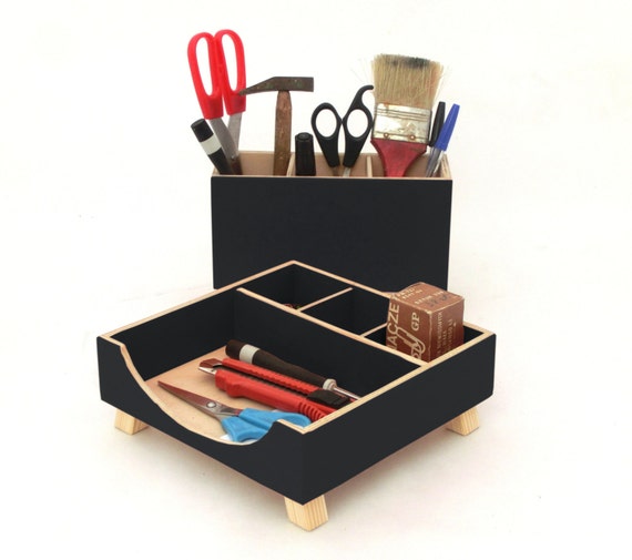 Wood Desk Organizer Black Acrylic Paint, Desk Accessories