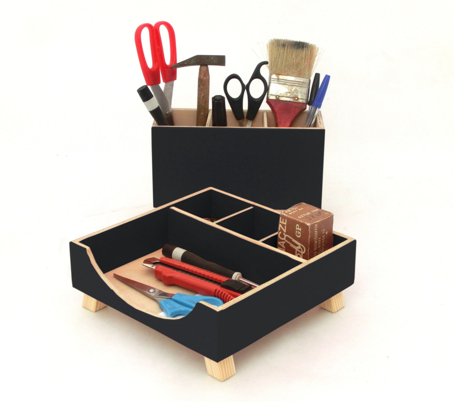 Wood Desk Organizer Black Acrylic Paint, Accessoires de Bureau, Ensemble Organisateur Décor Bureau N