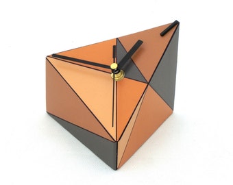 Desk Wood clock, Geometric Tabletop clock, Triangle, Brown, Grey, Tan, Spicy Orange SILENT /QUIET clock, Unique Fall home decor, Xmas gift