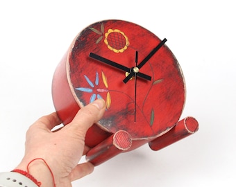 Red Fuma Wood Folk Art Desk Clock, Floral Ornament, Silent - No Ticking, Rustic Chic Decor, Unique handmade Gift for Her