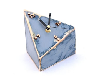 Blue Grey Wood Desk Clock, Silent Geometric Triangle Table Clock, Handmade Distressed Finish, Unique Office Decor Idea, Mothers Day Gift