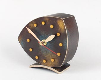No Ticking Table Clock, Handmade Silent Desk Clock, Asymmetrical Fuma Wood, Gold Turquoise Brown Patina, Gift for Mom, Lightweight Fuma Wood