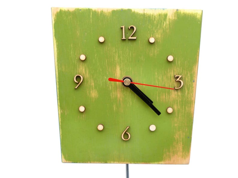 Wall Clock Pendulum Multicolor, Wall hanging clock Green Orange Blue, Unique gift, Distressed wall clock, Back to school image 2