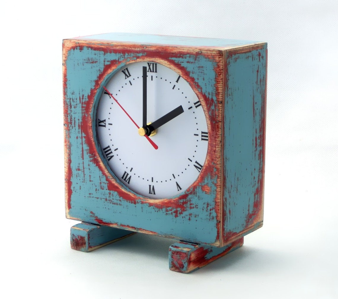 Desk Clock Turquoise Blue Sky Blue Pink Wooden Table Clock Etsy