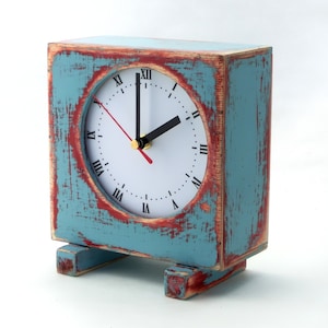 NO TICKING Square wood  turquoise tabletop clock, Unusual desk decor for Xmas gift