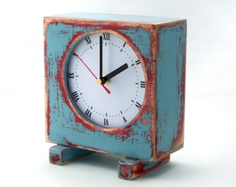 NO TICKING Square wood  turquoise tabletop clock, Unusual desk decor for Xmas gift