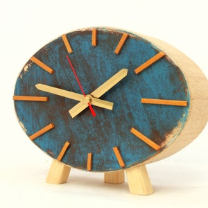 Turquoise Gold Table Wood Clock, NO TICKING Ellipse Brown Gold decor in Vintage style, Desk Unique gift, Winter trends handmade image 1