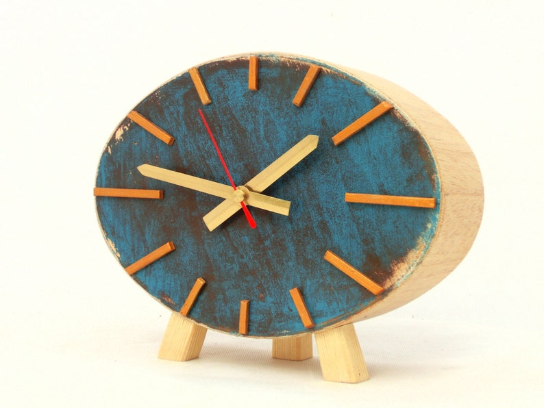 Turquoise Gold Table Wood Clock, NO TICKING Ellipse Brown Gold decor in Vintage style, Desk Unique gift, Winter trends handmade image 1