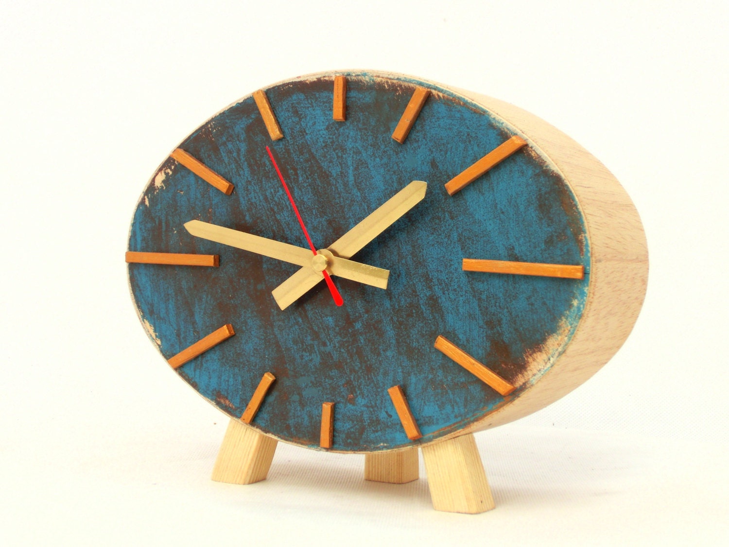 Turquoise Gold Table Wood Clock, NO TICKING Ellipse Brown Gold decor in