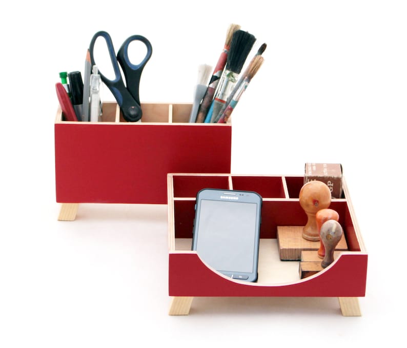 Red Desk Organizer, Desk Accessories for office, Desktop Organizer, Red Wood Desk set, Desk Pen holder, Command Center, Tidy Kids desk set image 5