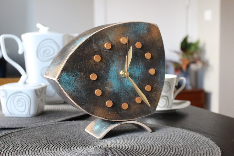 NO TICKING Desk Clock Gold Turquoise Brown colors, Unique Wood Tabletop clock with Shaded Gold color in Vintage style, Mothers day gift image 8