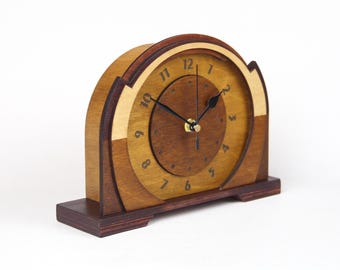 Wooden Mantel Clock Natural Wood Art Deco style, NO TICKING Silent Mid Century Ochre Mahogany Table Desk Clock Retro, Unique Birthday gift