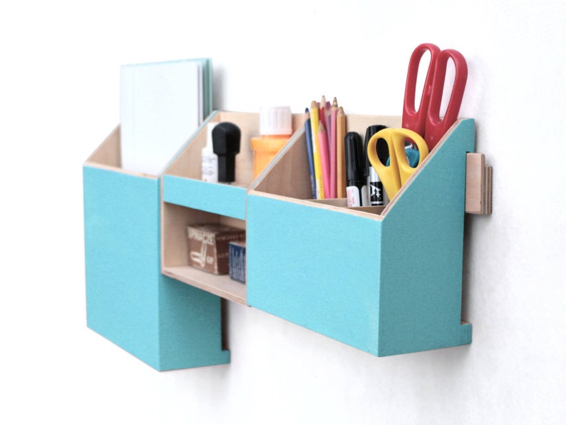 Turquoise Wood wall organizer, Desk accessories, Wall Mail Holder Home Office Set, Teal light smooth color Desktop Organizer, Paper sorter image 1