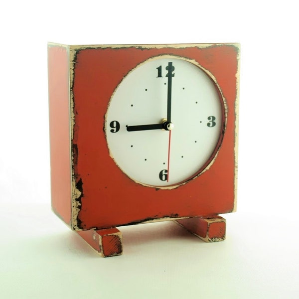 FREE SHIPPING - CLOCK Square Orange, Wooden Clock, Table Clock, Orange clock,Desk Wood clock, Unique gift,