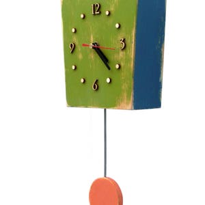 Wall Clock Pendulum Multicolor, Wall hanging clock Green Orange Blue, Unique gift, Distressed wall clock, Back to school image 3