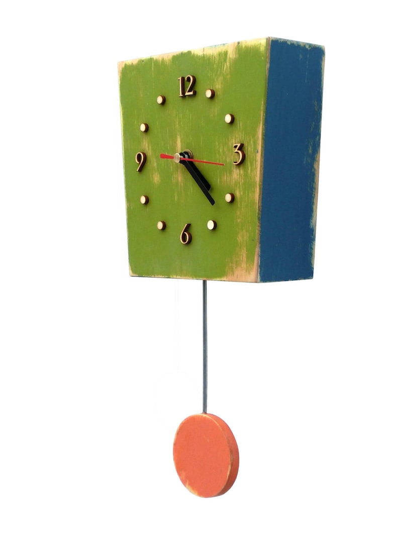 Wall Clock Pendulum Multicolor, Wall hanging clock Green Orange Blue, Unique gift, Distressed wall clock, Back to school image 3